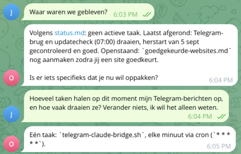 Telegram-gesprek: de vraag waar we gebleven waren, en het antwoord dat er één taak elke minuut berichten ophaalt.