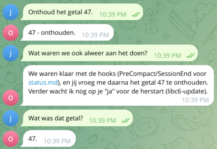 Telegram-gesprek: het getal 47 wordt onthouden, er wordt iets anders gevraagd, en drie berichten later noemt OttoOps het getal weer.